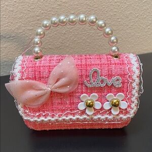 NWT Girl’s Pink Tweed Handbag w/Faux Pearl Handle & Chain Crossbody